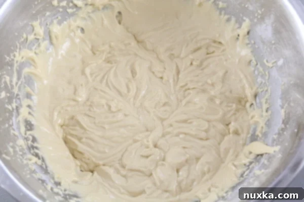 how to make a Russian Honey Cake batter for a sponge cake Smooth Russian Honey Cake sponge cake batter in a mixing bowl, ready for spreading and baking
