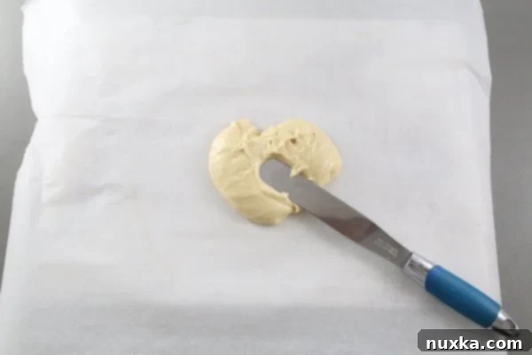 how to make a Russian Honey Cake: spread on parchment paper and bake Russian honey cake batter thinly spread on parchment paper on an inverted baking sheet, ready for baking