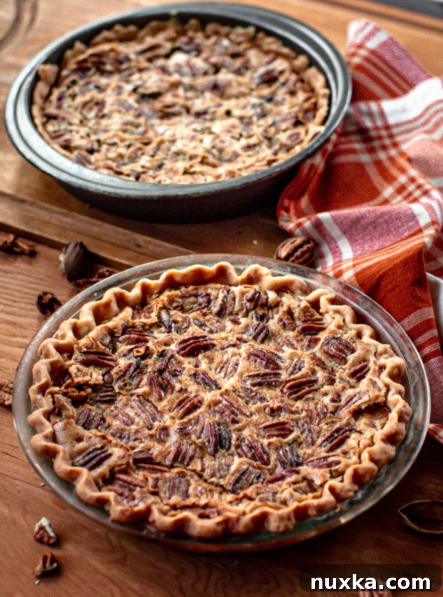 Perfect Homemade Pecan Pie 2 pecan pie recipe made in a pie pan and cake pan, showing versatile baking options for different occasions