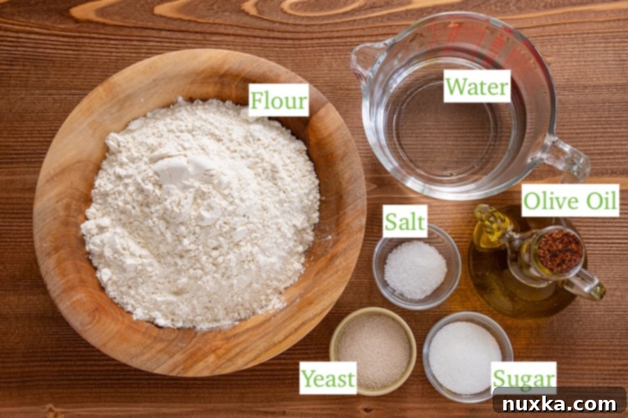 All ingredients for Italian Bread (all-purpose flour, water, salt, sugar, dry active yeast, olive oil). 