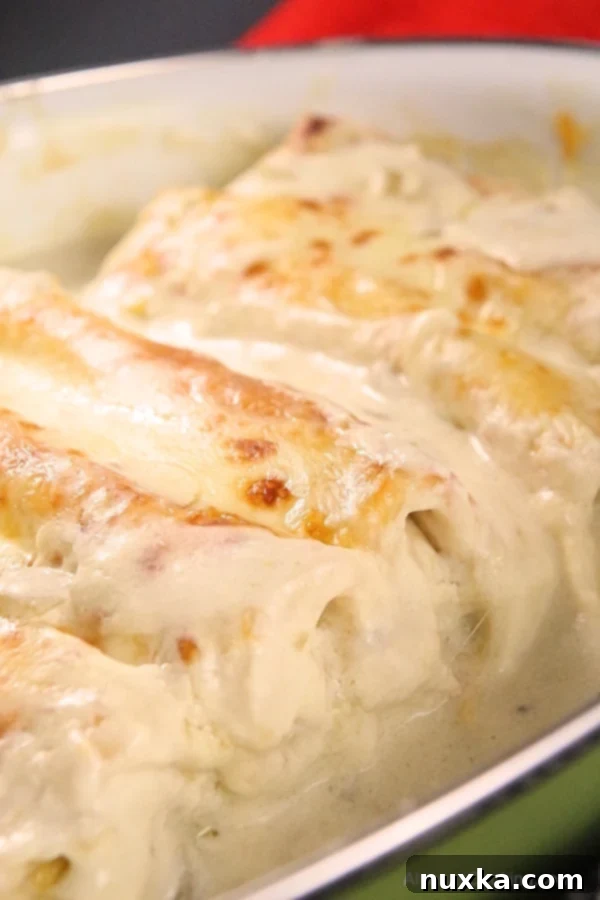 Close-up of baked white chicken enchiladas