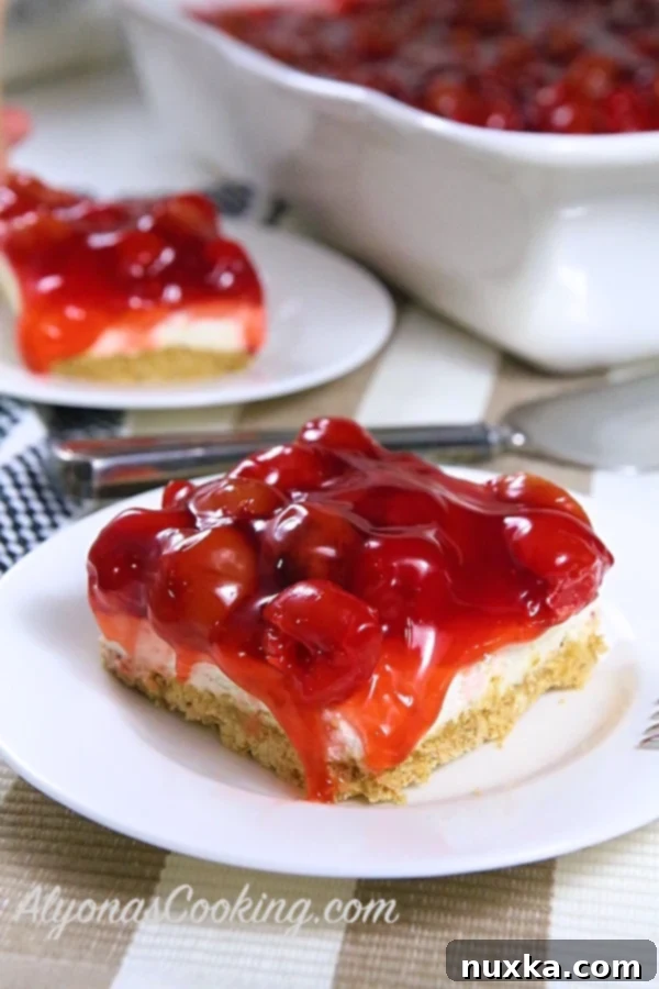 Delicious Cherry Pretzel Cheesecake Dessert with a vibrant red cherry topping and golden pretzel crust, ready to be served.