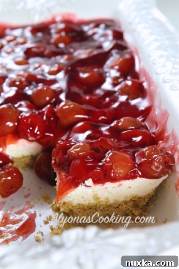 Beautifully plated slice of Cherry Pretzel Cheesecake Dessert, garnished with a fresh cherry and mint leaf.