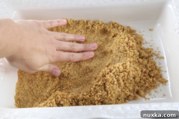 Crushed pretzels and graham crackers mixed with butter and sugar, pressed into a baking dish.