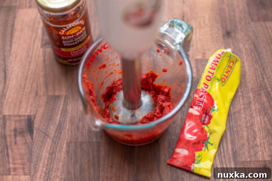 Visual guide on how to make homemade sun-dried tomato paste from regular tomato paste and sun-dried tomatoes.