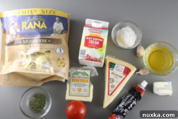 A selection of the key ingredients laid out for making the Olive Garden mushroom ravioli copycat recipe.