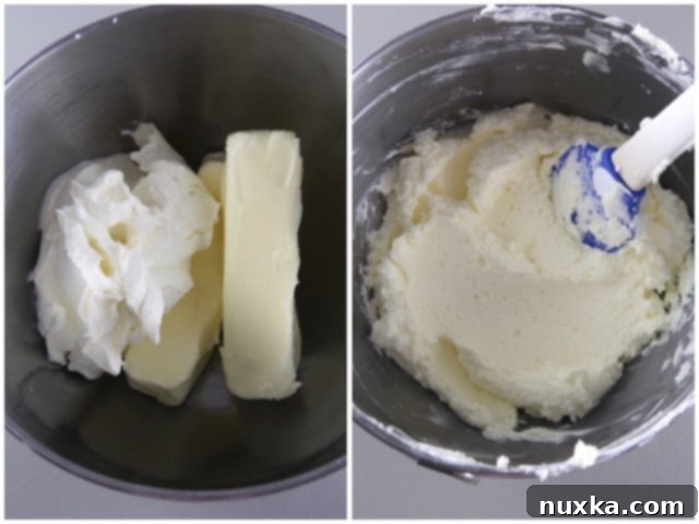 Initial steps of making Rugelach dough from scratch, showing softened butter and cream cheese being beaten together in a bowl.