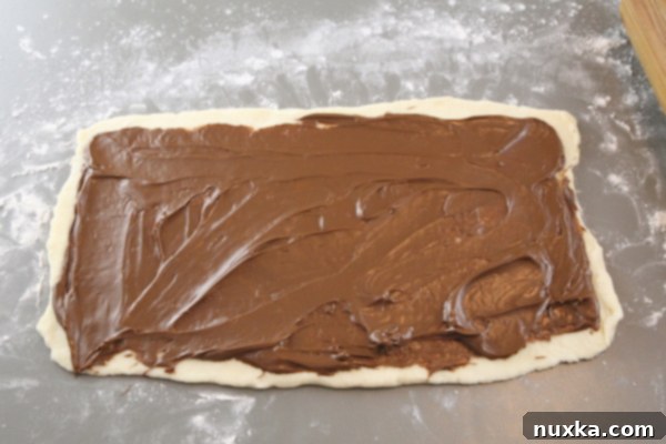 Nutella spread on rolled-out Rugelach dough, ready to be rolled into a pastry.