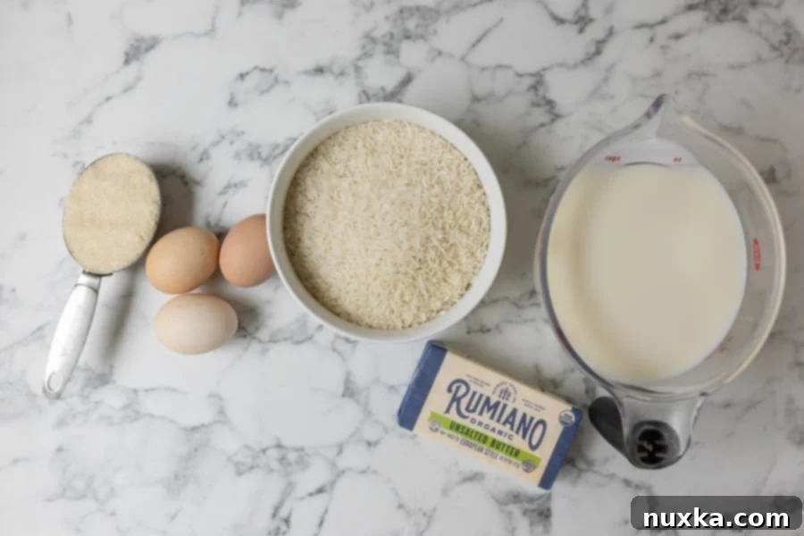 all ingredients for baked rice pudding laid out: sugar, beaten eggs, uncooked white rice, unsalted butter, and whole milk