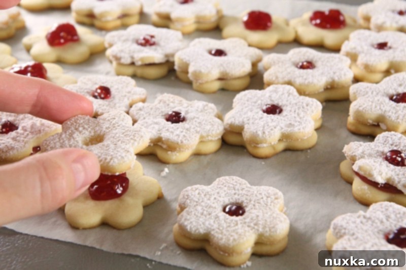Finished jam sandwich cookies being prepared