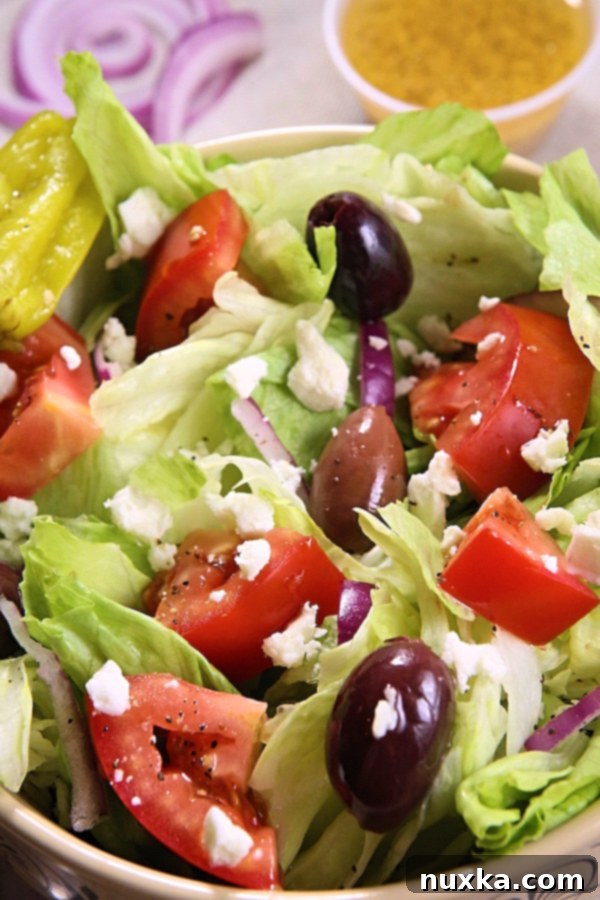 Assembled Panera Bread Copycat Greek Salad ready to serve