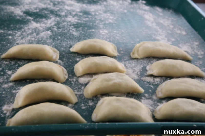 Finished homemade pierogi laid out on a floured tray.