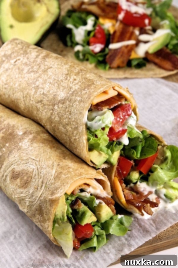 Ingredients being assembled for Avocado Bacon Ranch Wraps