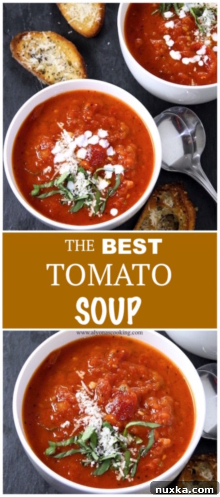 A bowl of delicious homemade tomato soup with a spoon, ready to eat