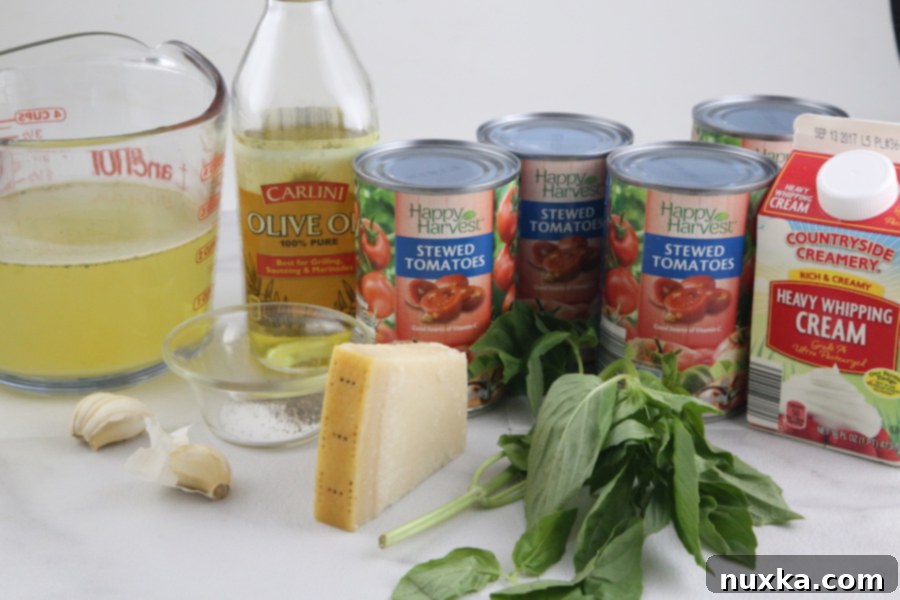 All ingredients laid out: canned tomatoes, garlic, olive oil, spices, chicken stock, heavy cream, and basil