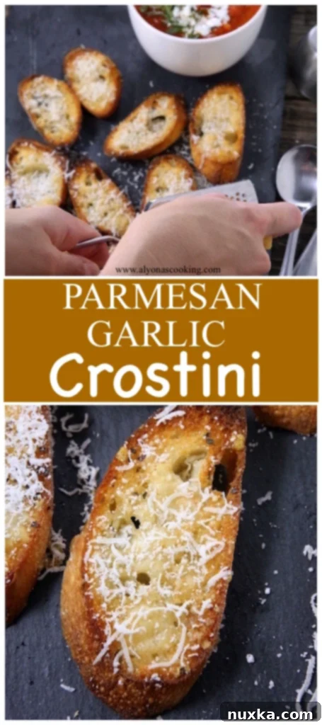 Parmesan Garlic Crostini served elegantly on a dark platter