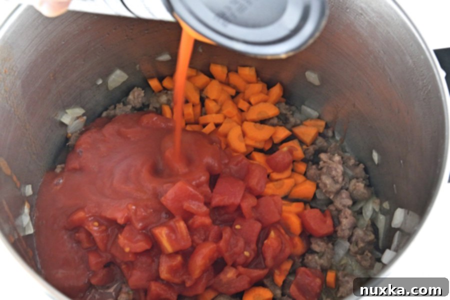 Adding broth and canned tomatoes to the pot to simmer