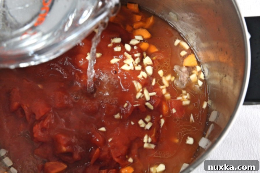 Soup simmering in a pot with vegetables and tomato base