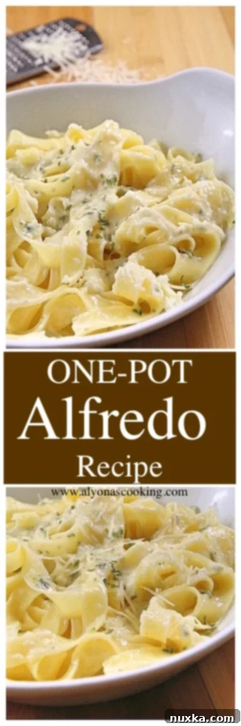 Collage of One-Pot Alfredo Recipe images, showcasing ingredients and finished dish.