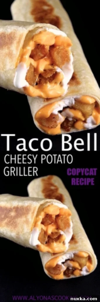 Collage showing the ingredients and assembled Taco Bell Cheesy Potato Griller