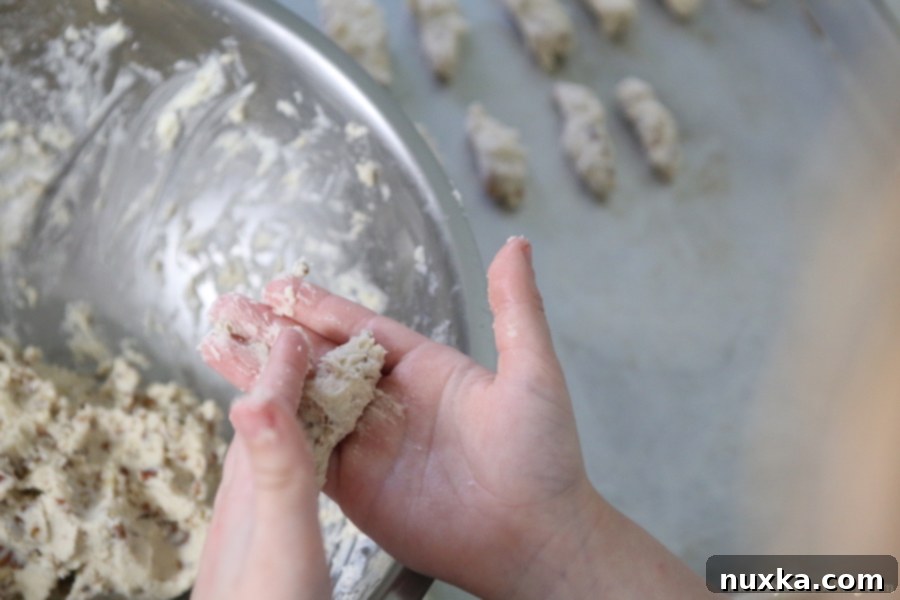 A close-up of a single Nutty Fingers cookie, showcasing its powdered sugar coating and the texture of the cookie beneath.