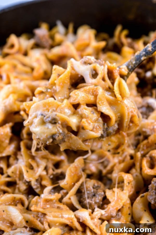 Close-up of freshly prepared Easy One-Pan Beef Stroganoff with sour cream and egg noodles