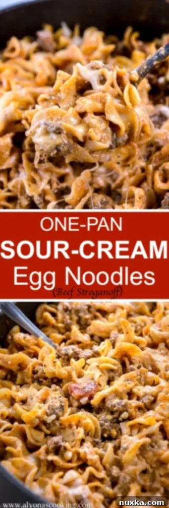 Collage of One-Pan Beef Stroganoff preparation steps and finished dish