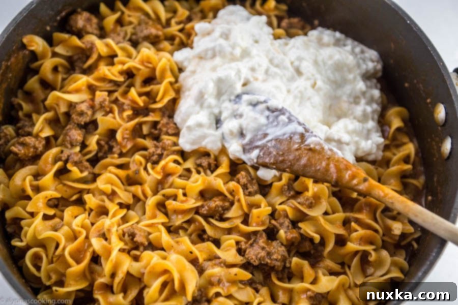 Finished One-Pan Beef Stroganoff with creamy sauce and shredded cheese in a skillet