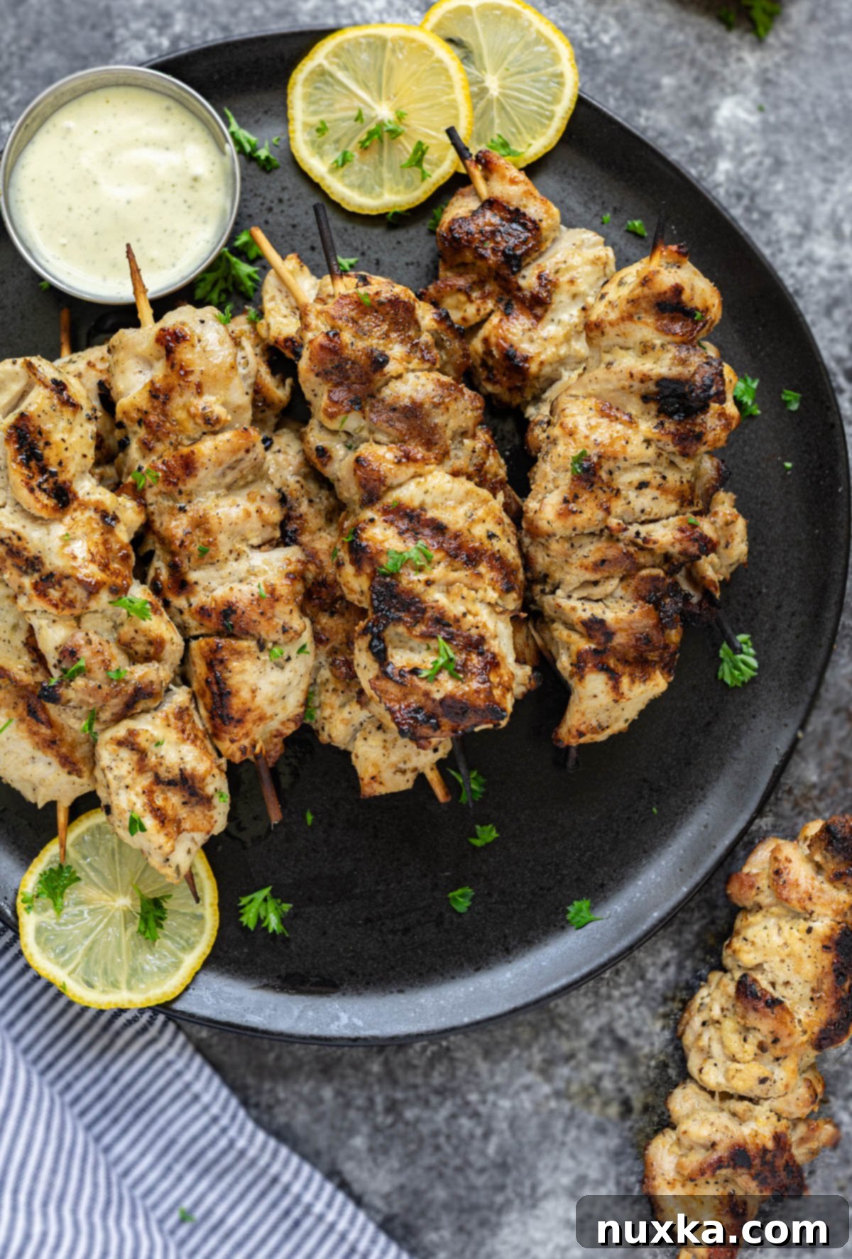 grilled chicken kabobs marinated in mayonnaise, beautifully charred on skewers