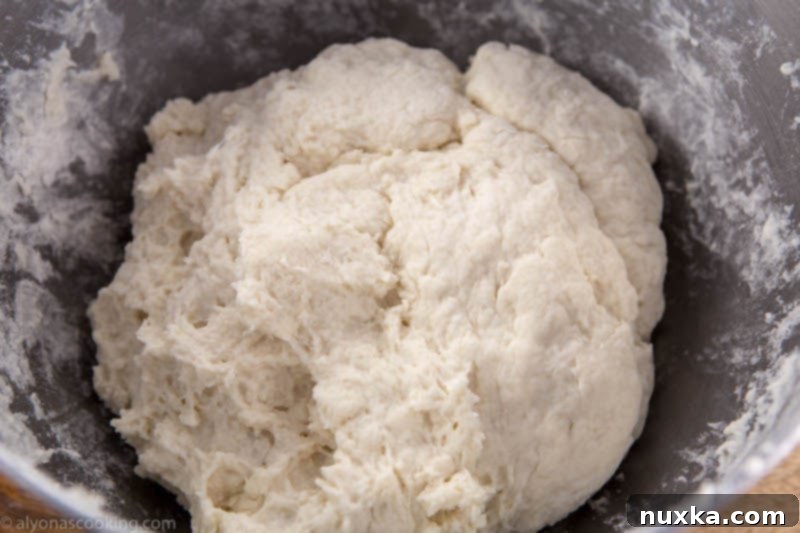 Preparing homemade dumpling dough on a floured surface