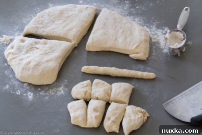 Dough divided and ready for shaping into breadsticks