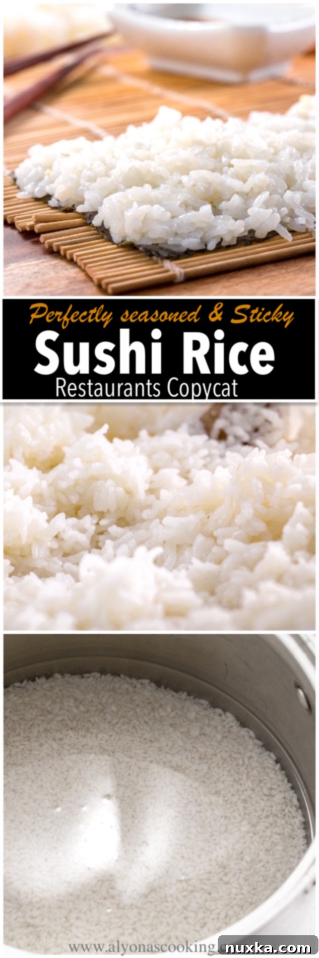 Step-by-step image showing how to make and season sushi rice.