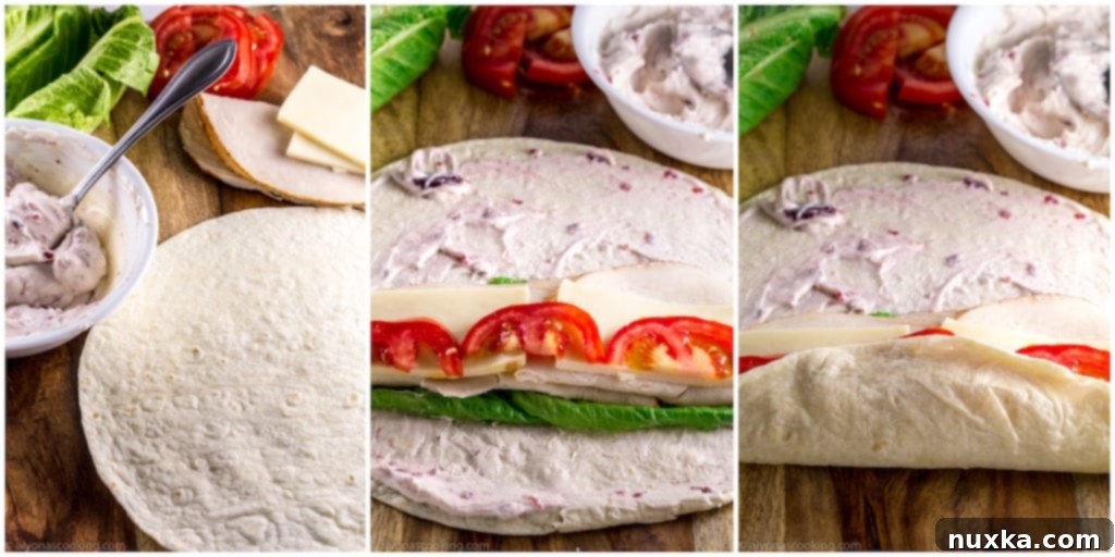 Step-by-step assembly of the roll-ups: tortilla with spread, lettuce, meat, cheese, and tomatoes