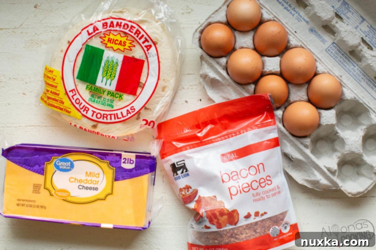 All the ingredients for a delicious breakfast quesadilla recipe laid out: small flour tortillas, large eggs, grated cheddar cheese, and bacon pieces.