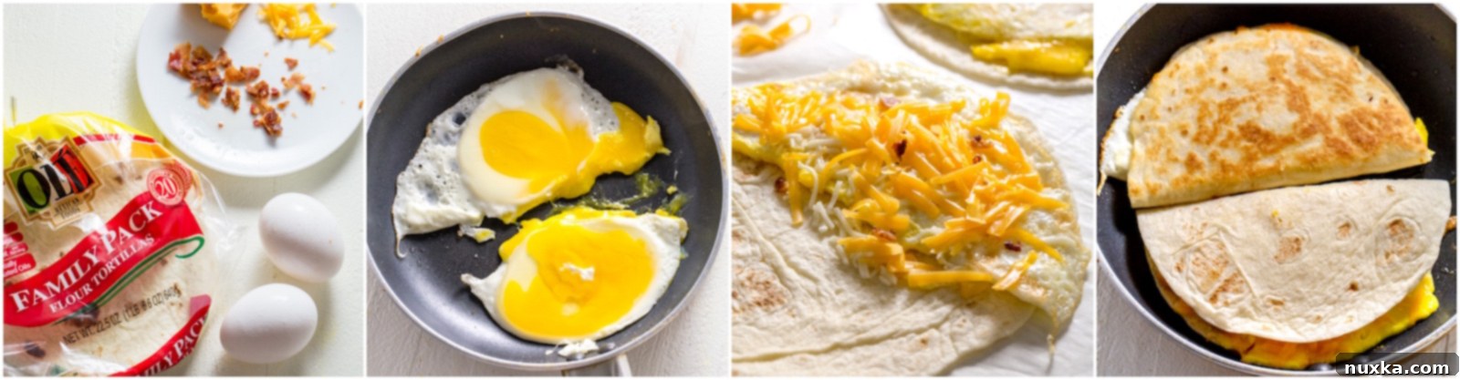 Step-by-step process of how to make a breakfast quesadilla from scratch with eggs, cheese, and bacon