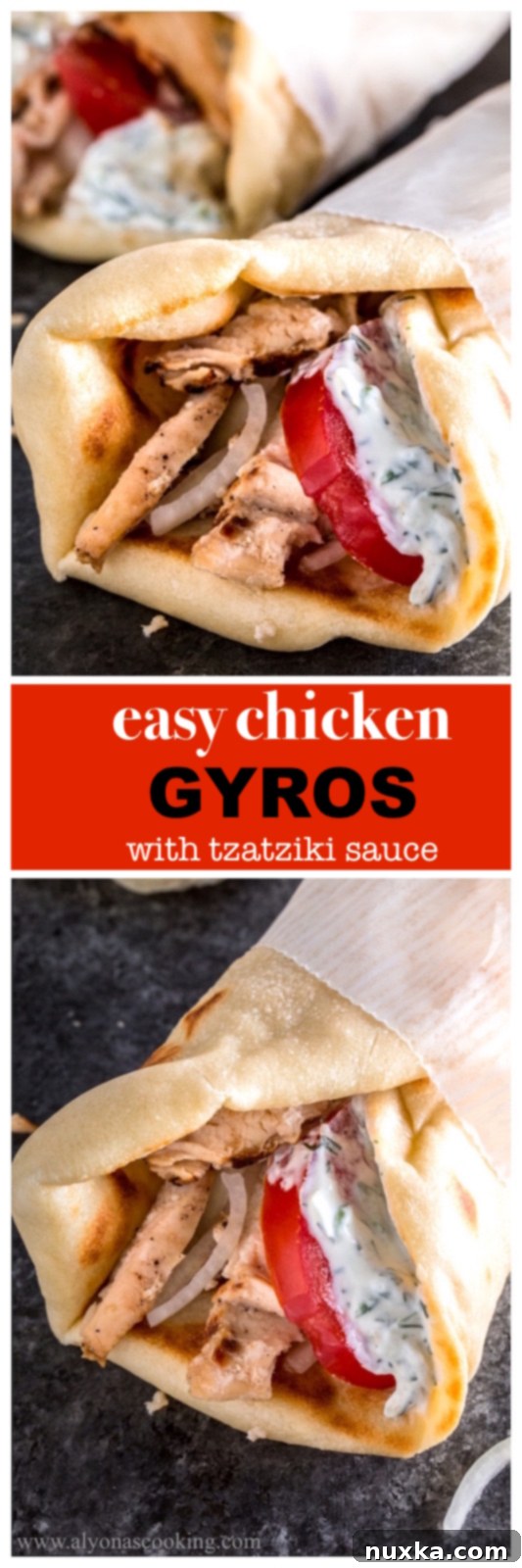 Close-up of an assembled chicken gyro with fresh vegetables and tzatziki