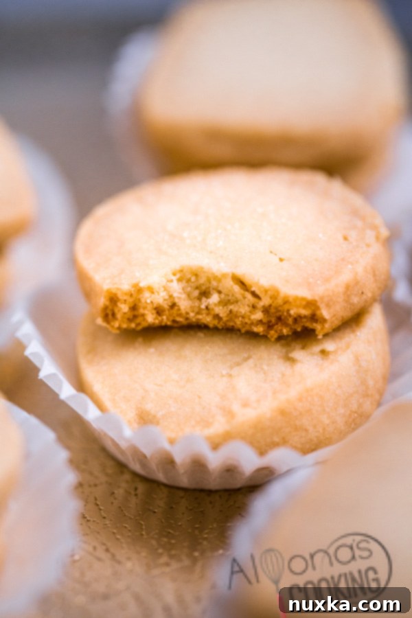 Close-up view of beautifully baked 3-ingredient butter cookies, showcasing their golden edges and delicate texture, arranged appealingly.