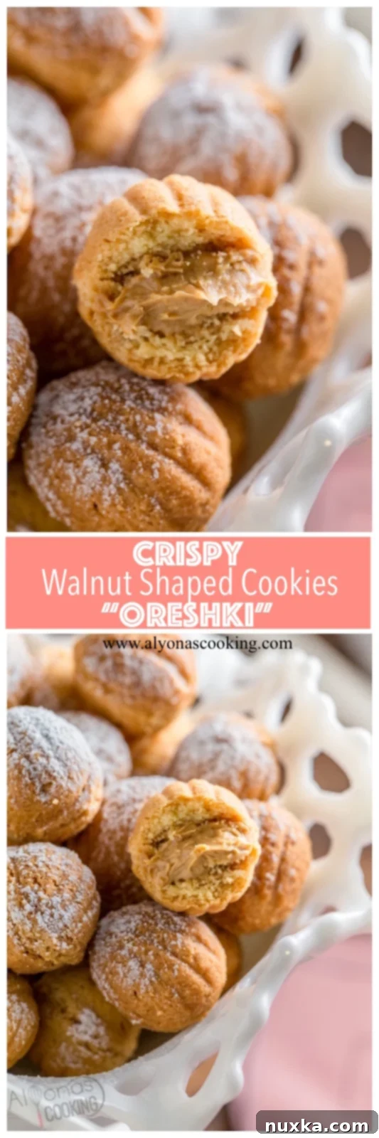 Assembled Oreshki cookies, dusted with powdered sugar