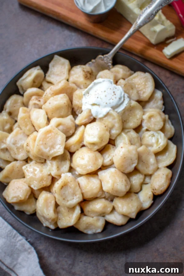 pelmeni dumplings with sour cream
