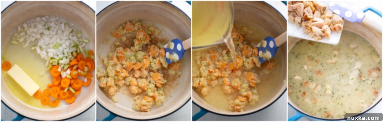 Step-by-step image of making creamy chicken and wild rice soup, showing ingredients in a pot