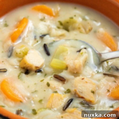 Hearty Creamy Chicken and Wild Rice Soup 7 Creamy Chicken and Wild Rice Soup, garnished and ready to serve
