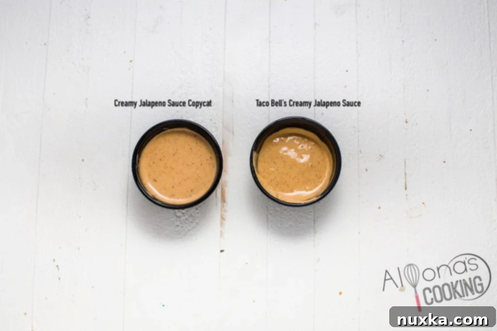Comparison photo of homemade copycat Taco Bell quesadilla sauce on the left and authentic Taco Bell creamy jalapeño sauce on the right.