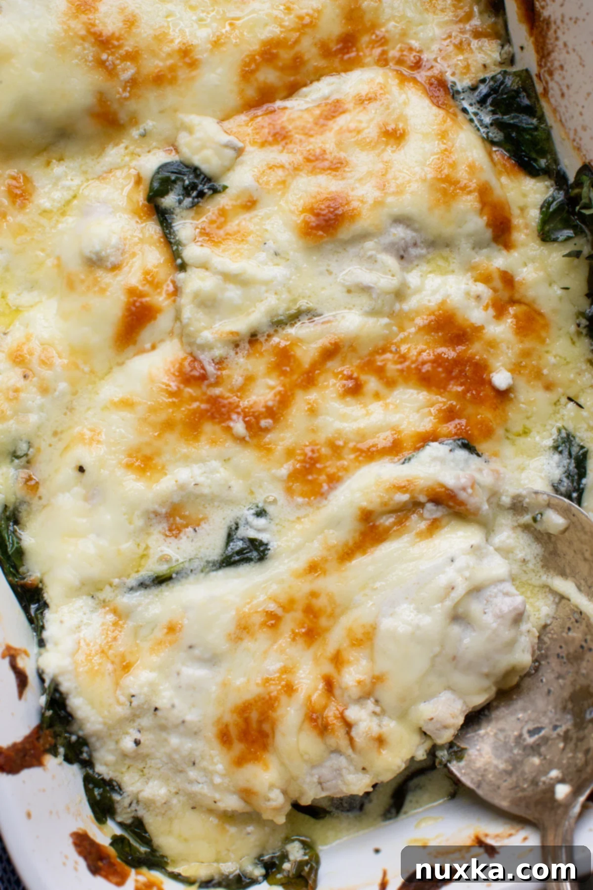 Close-up of baked cheesy and creamy spinach chicken casserole with a golden crust