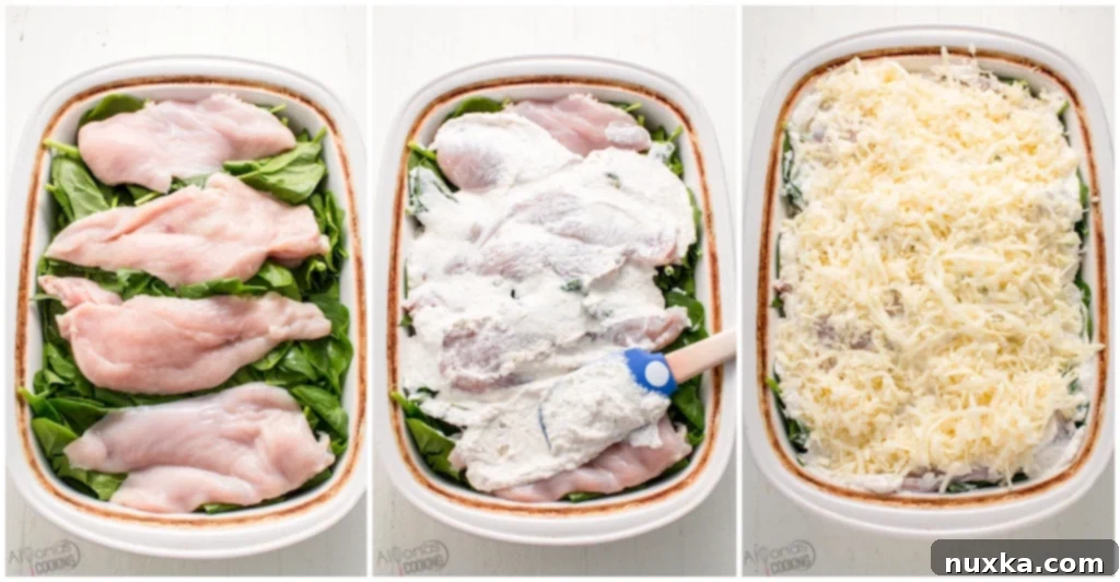 Step-by-step image of layering spinach, chicken, and sauce for the casserole