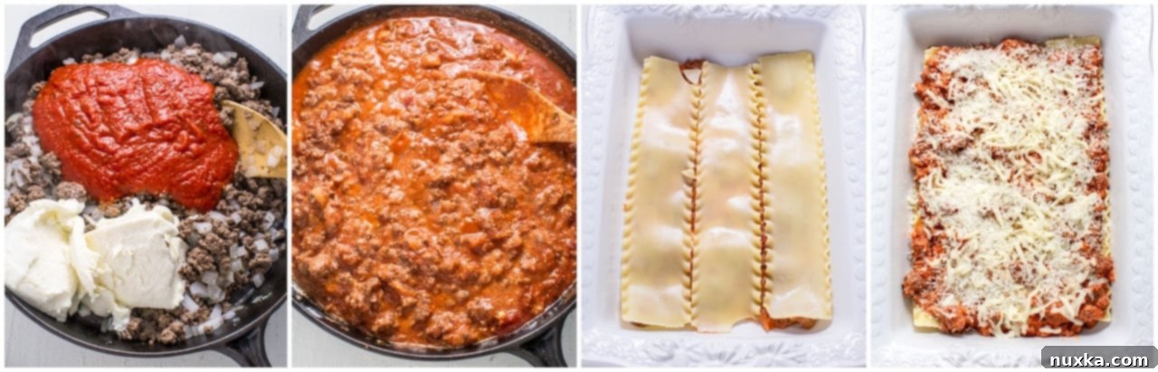 Step-by-step photos showing the process of making lasagna, from browning meat to layering noodles, sauce, and cheese in a baking dish.