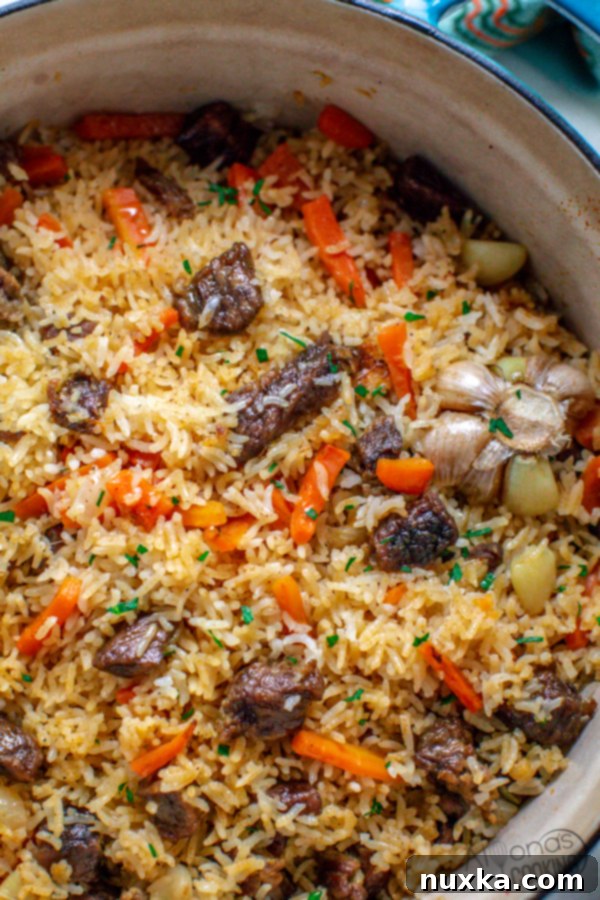 Close-up of Ukrainian Beef Plov, showing tender beef, rice, and vegetables.