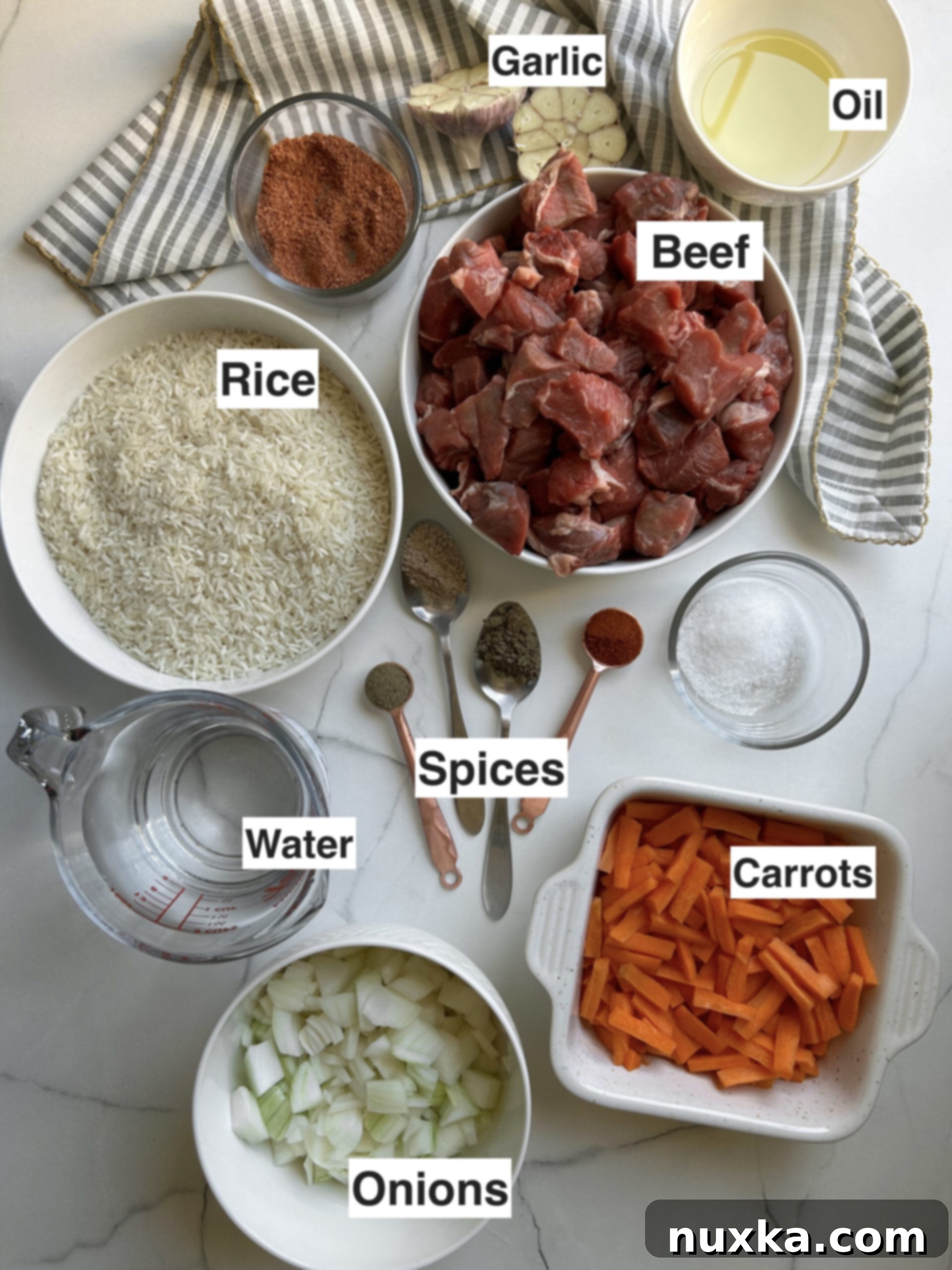 Ingredients for a Ukrainian Beef Plov recipe, including beef, rice, carrots, onions, various spices, and oil.