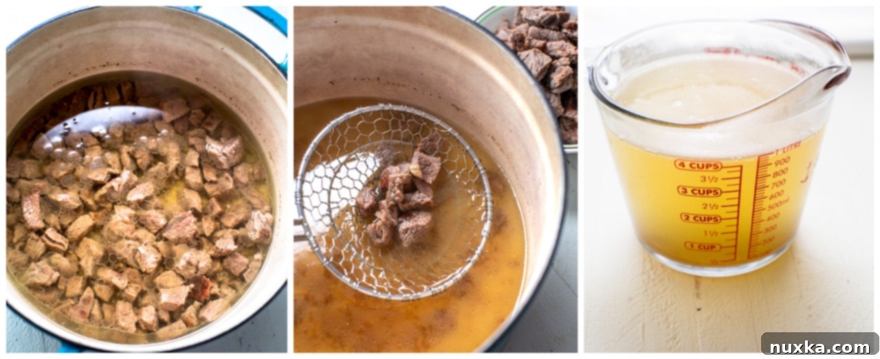 Steps showing beef being seared, then simmered, and broth being strained for Plov.