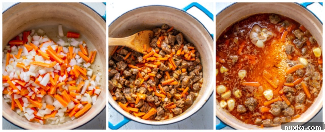 Step-by-step photos showing rice and garlic added to beef and vegetables, then simmering with broth to make Plov.