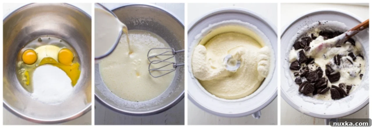 Step-by-step process of making cookies and cream ice cream, showing ingredients and the churning process.